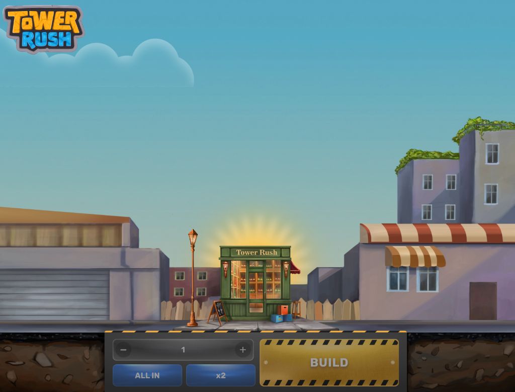 Tower Rush bet screen with green shop building, bet stepper, ALL IN and x2 buttons