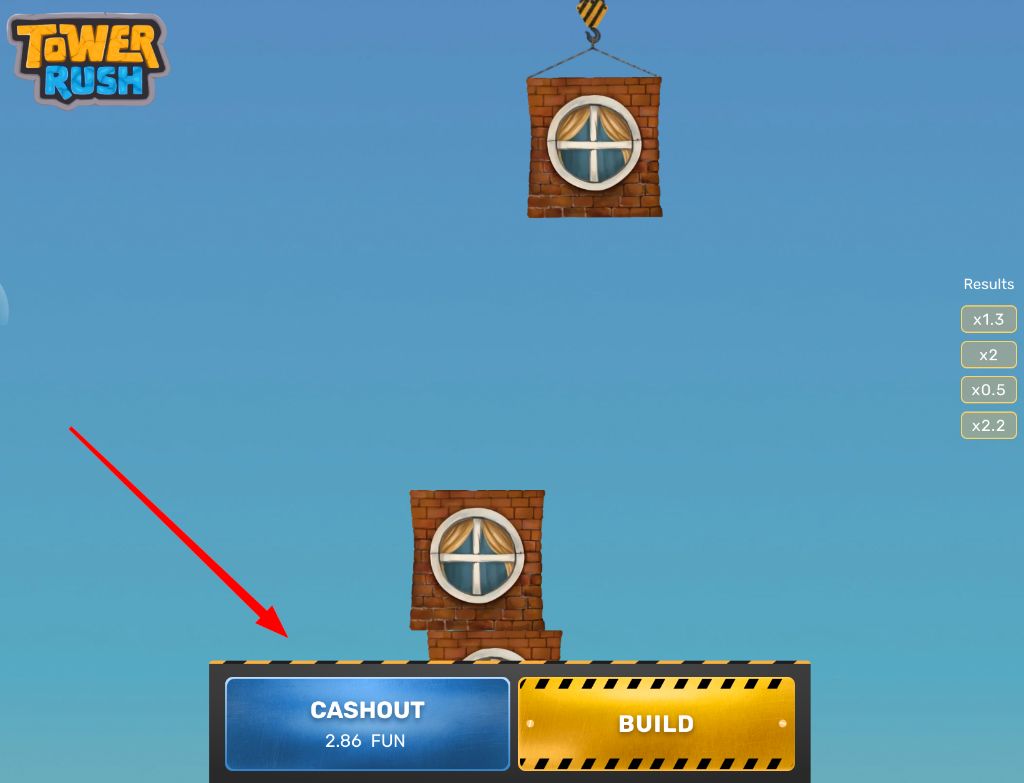 Tower Rush demo screen, brick block above a leaning tower, cashout worth 2.86 FUN