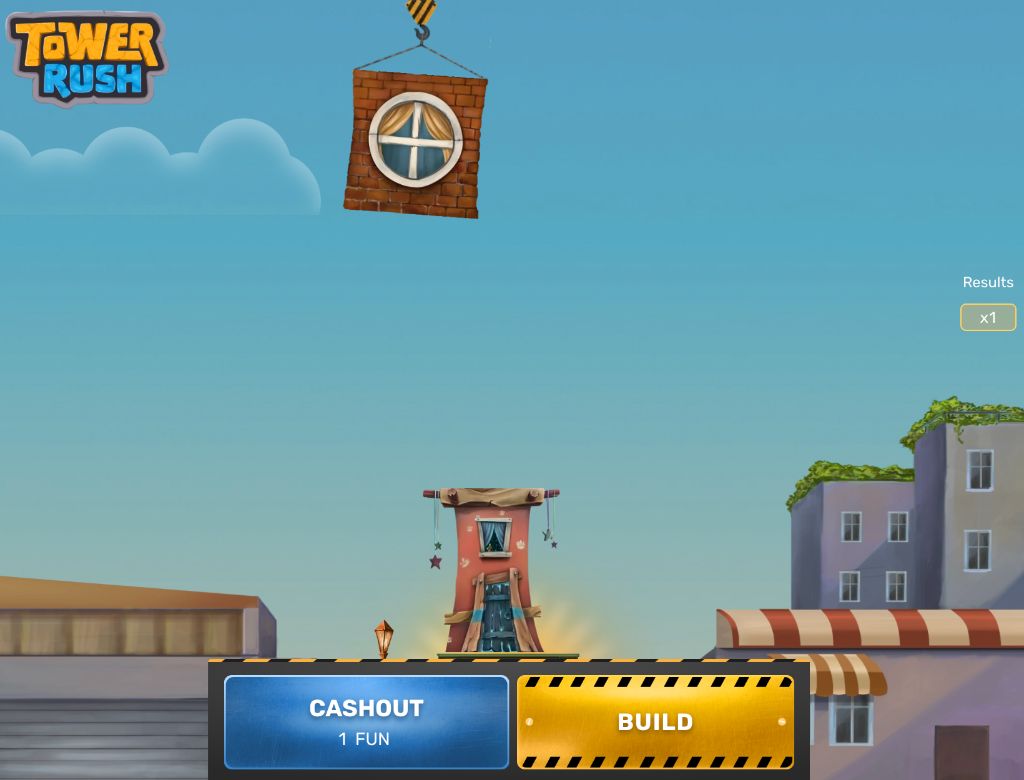 Tower Rush round in progress, red tower on the street and a brick block descending, x1 in results