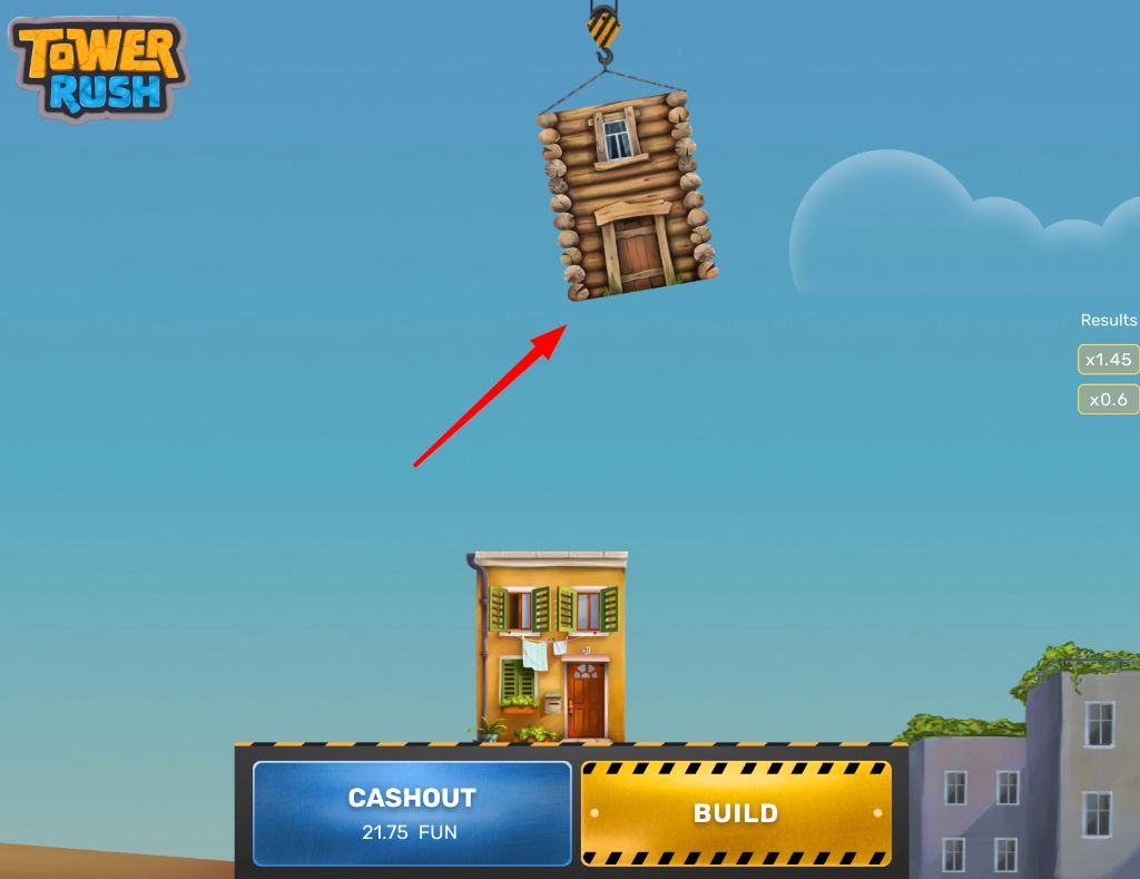 Tower Rush crane lowering a wooden cabin block, cashout button showing 21.75 FUN